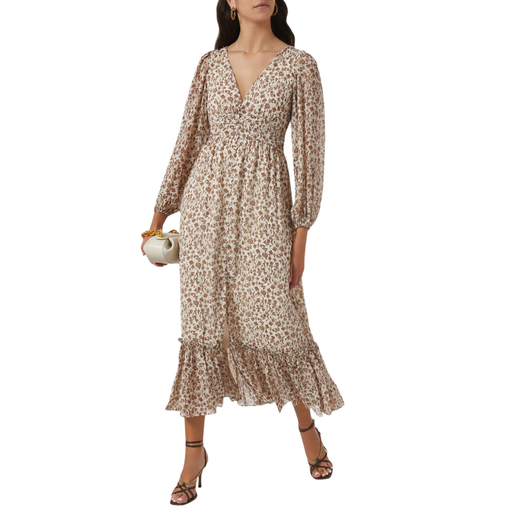 MINKPINK Amalia Maxi Long Sleeve Dress With Slit Boho Cream Brown Size S